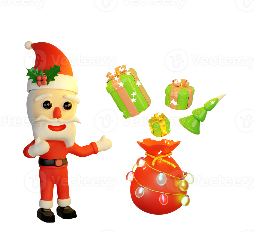 Santa Claus con raggiante stelle, Magia Borsa, Natale albero, agrifoglio bacca foglie, regalo scatola, cappello, bicchiere trasparente lampada ghirlande. allegro Natale e contento nuovo anno, 3d rendere illustrazione png