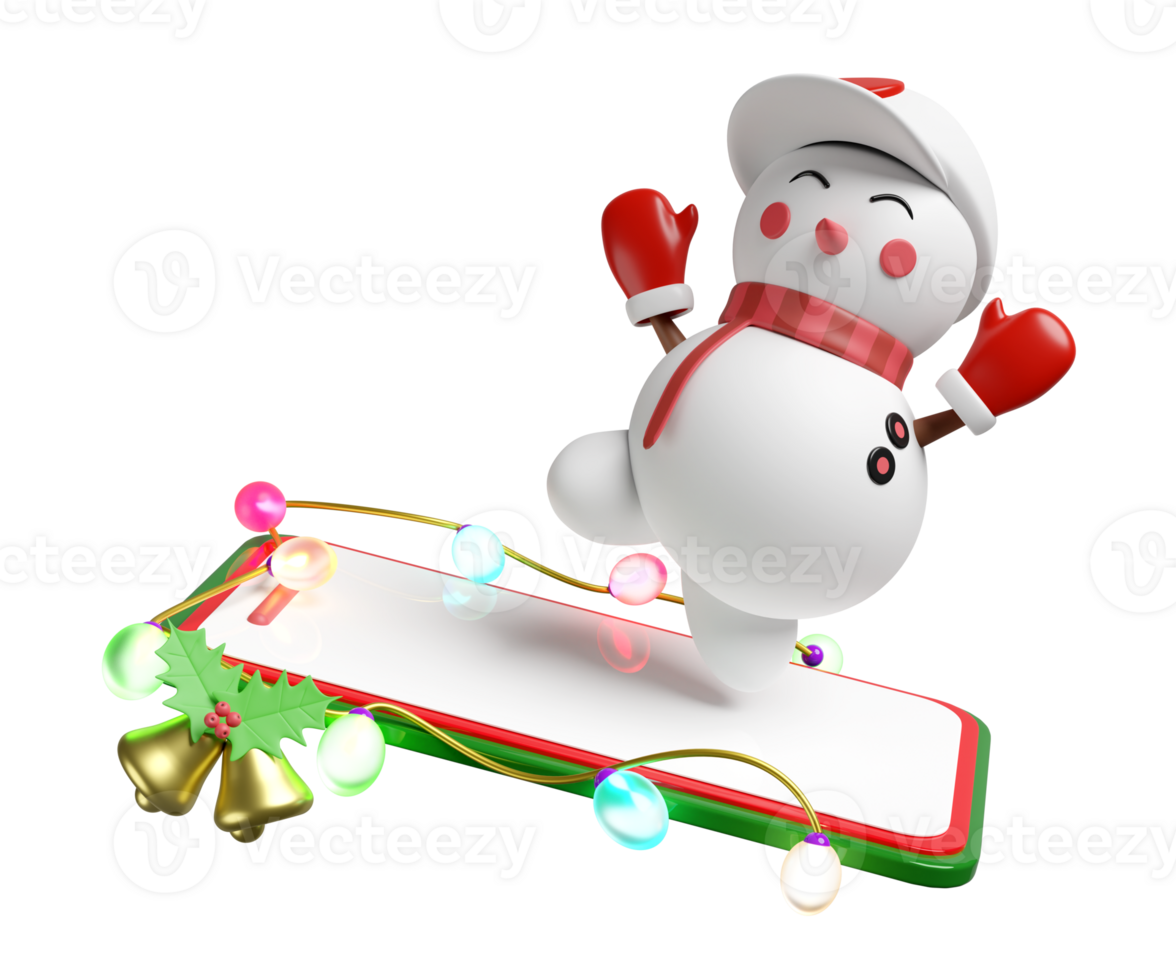 3d mobile phone, smartphone with snowman, Jingle bell, holly berry leaves, glass transparent lamp, party banner. merry christmas and happy new year, online shopping, 3d render illustration png