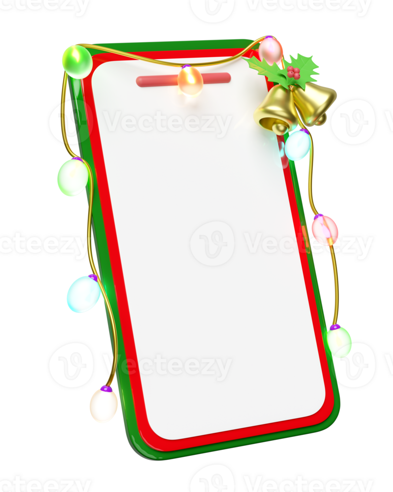 3d mobile phone, smartphone with Jingle bell, holly berry leaves, glass transparent lamp, party banner. merry christmas and happy new year, online shopping, 3d render illustration png