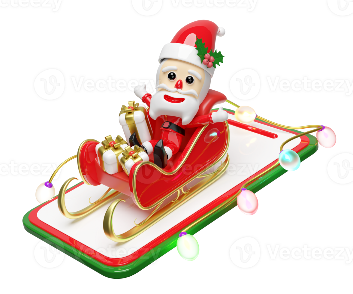 3d Santa claus with sleigh, smartphone, hat, holly berry leaves, glass transparent lamp garlands, gift box, party banner. merry christmas and happy new year, online shopping, 3d render illustration png