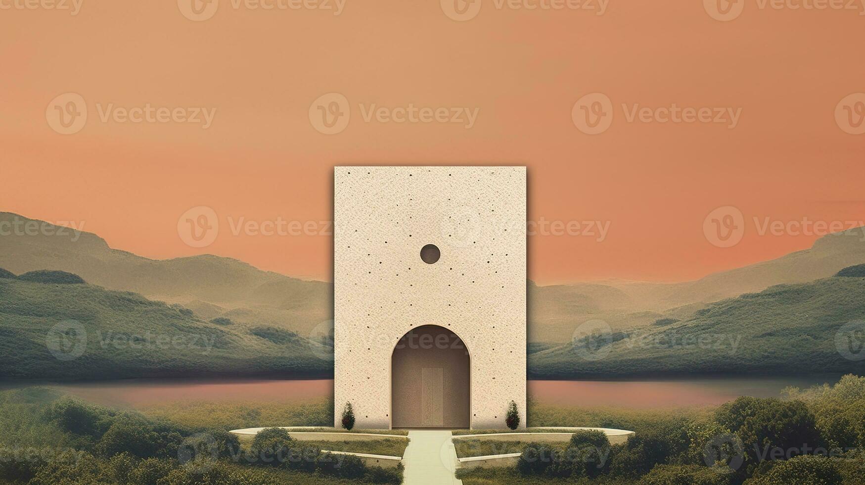 Generative AI, space door in the surreal landscape, sense of healing concept photo
