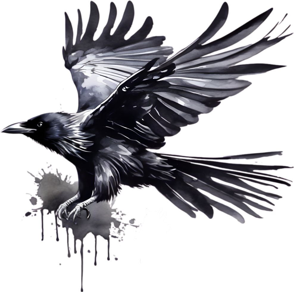 Watercolor paintings of a black crow bird.  Ai-Generated. png