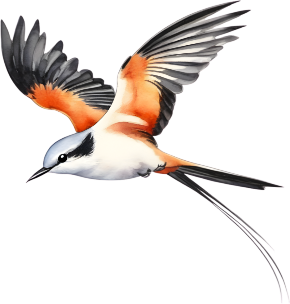 Watercolor paintings of colorful Scissor-tailed flycatcher birds.  Ai-Generated. png
