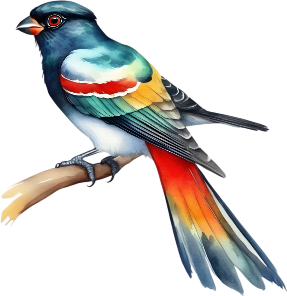 Watercolor paintings of colorful elegant trogon birds.  Ai-Generated. png