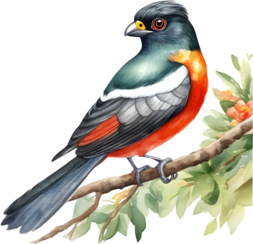 Watercolor paintings of colorful elegant trogon birds.  Ai-Generated. png
