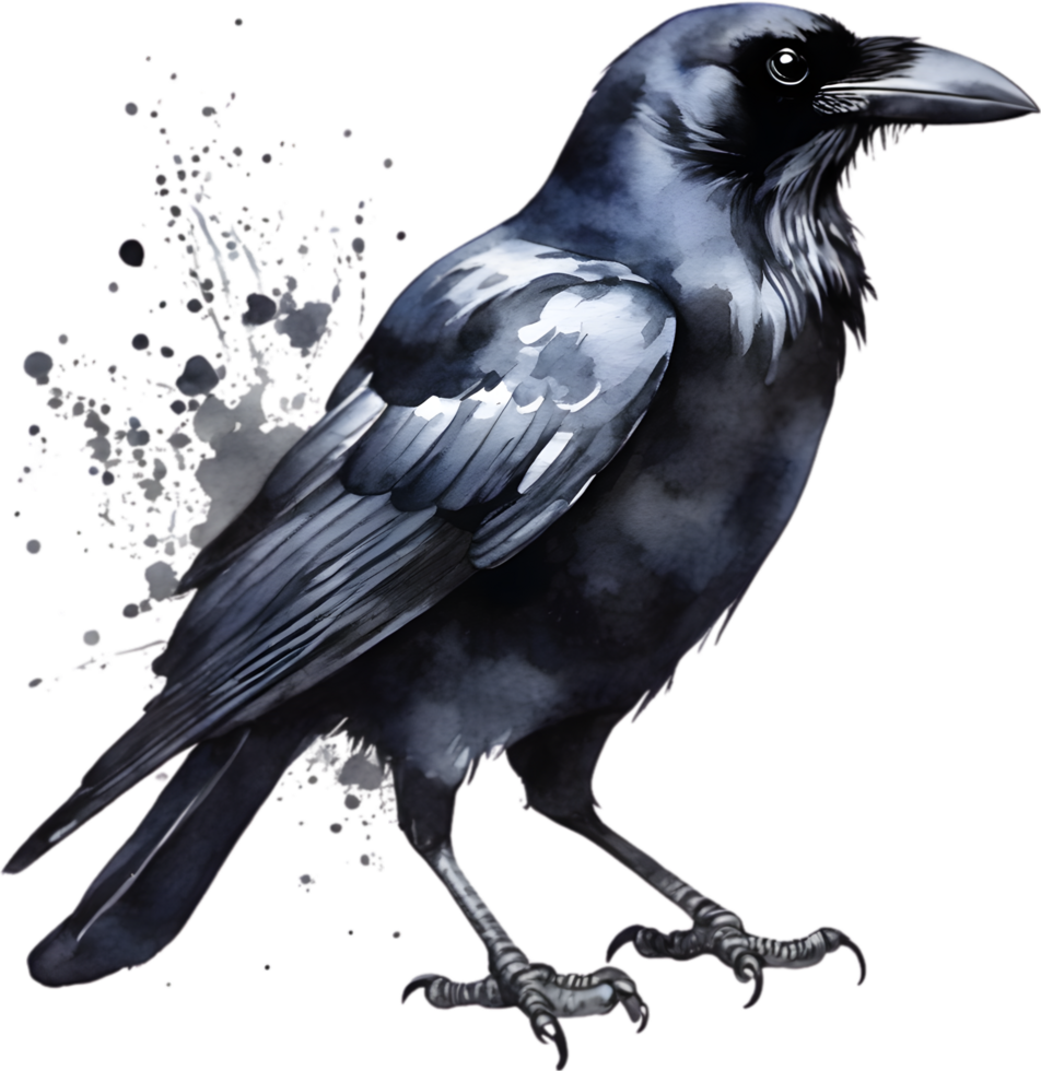 Watercolor paintings of a black crow bird.  Ai-Generated. png