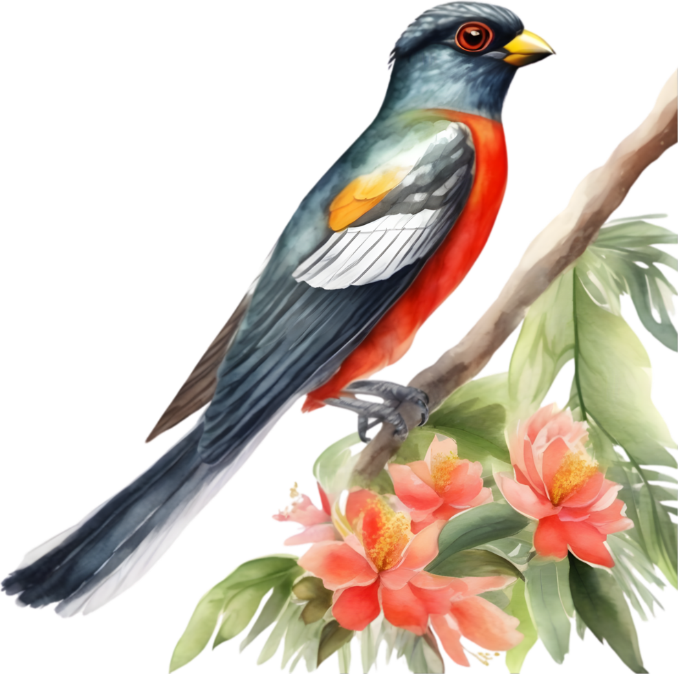 Watercolor paintings of colorful elegant trogon birds.  Ai-Generated. png