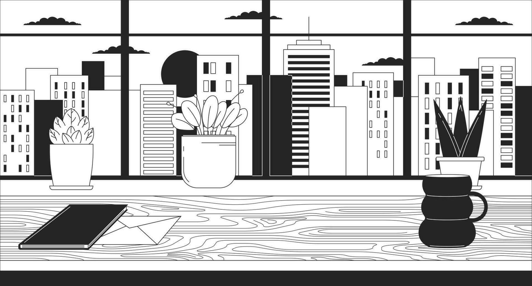 Office desk with window cityscape sunset black and white lofi wallpaper. Workstation, sundown urban 2D outline scene cartoon flat illustration. Windowsill plants vector line lo fi aesthetic background