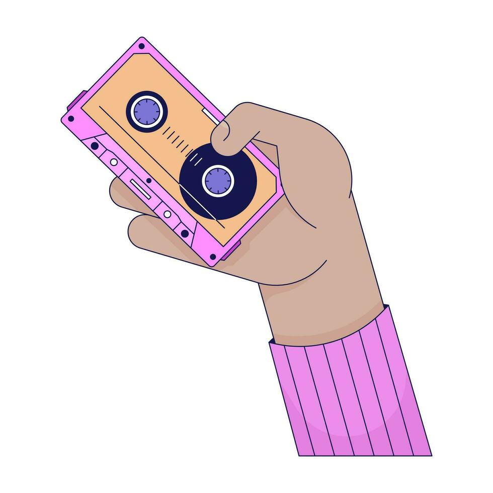 Retro 80s cassette holding linear cartoon character hand illustration. Vintage audio tape outline 2D vector image, white background. 90s audiocassette magnetic editable flat color clipart