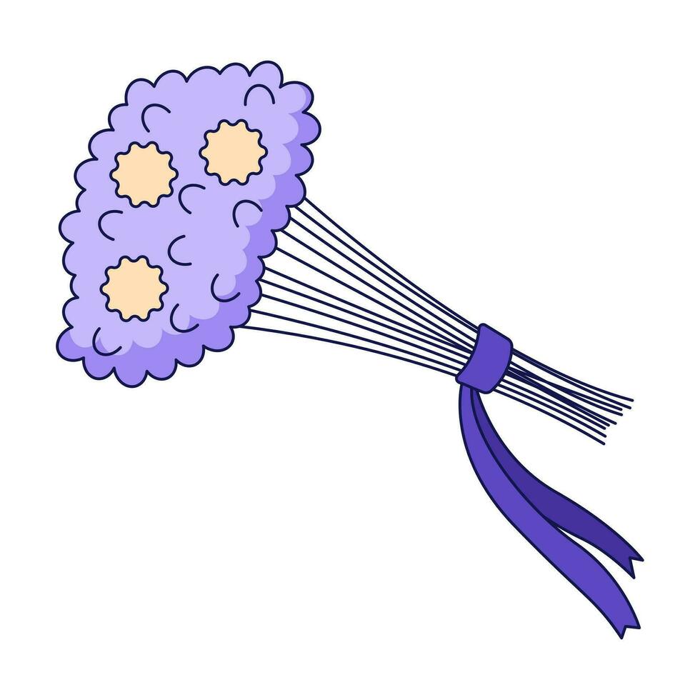 Ribbon bouquet fresh flowers 2D linear cartoon object. Sympathy floral arrangement isolated line vector element white background. Lavender bunch. Composition spring color flat spot illustration