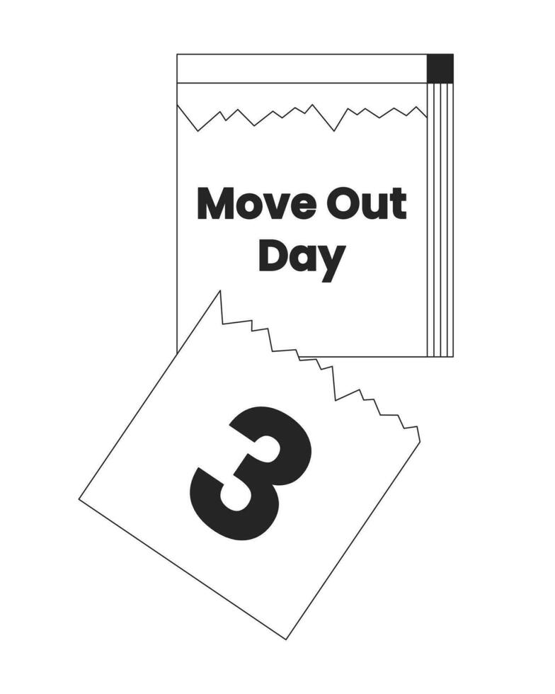 Tear off calendar moving out day black and white 2D line cartoon object. Countdown calendar to relocation event isolated vector outline item. Daily reminder moving monochromatic flat spot illustration