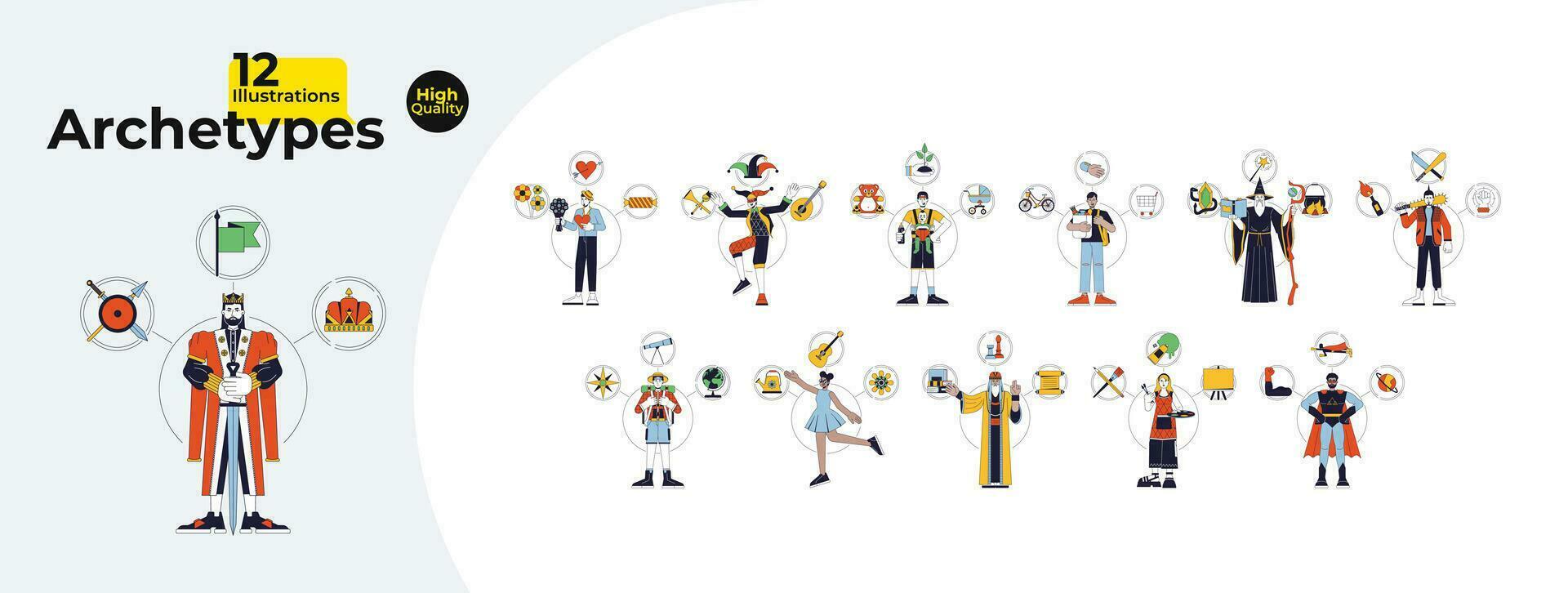 Archetypes psychology 2D linear illustration concept bundle. Archetypal cartoon characters isolated on white. Universal models multicultural people abstract flat vector outline graphic collection