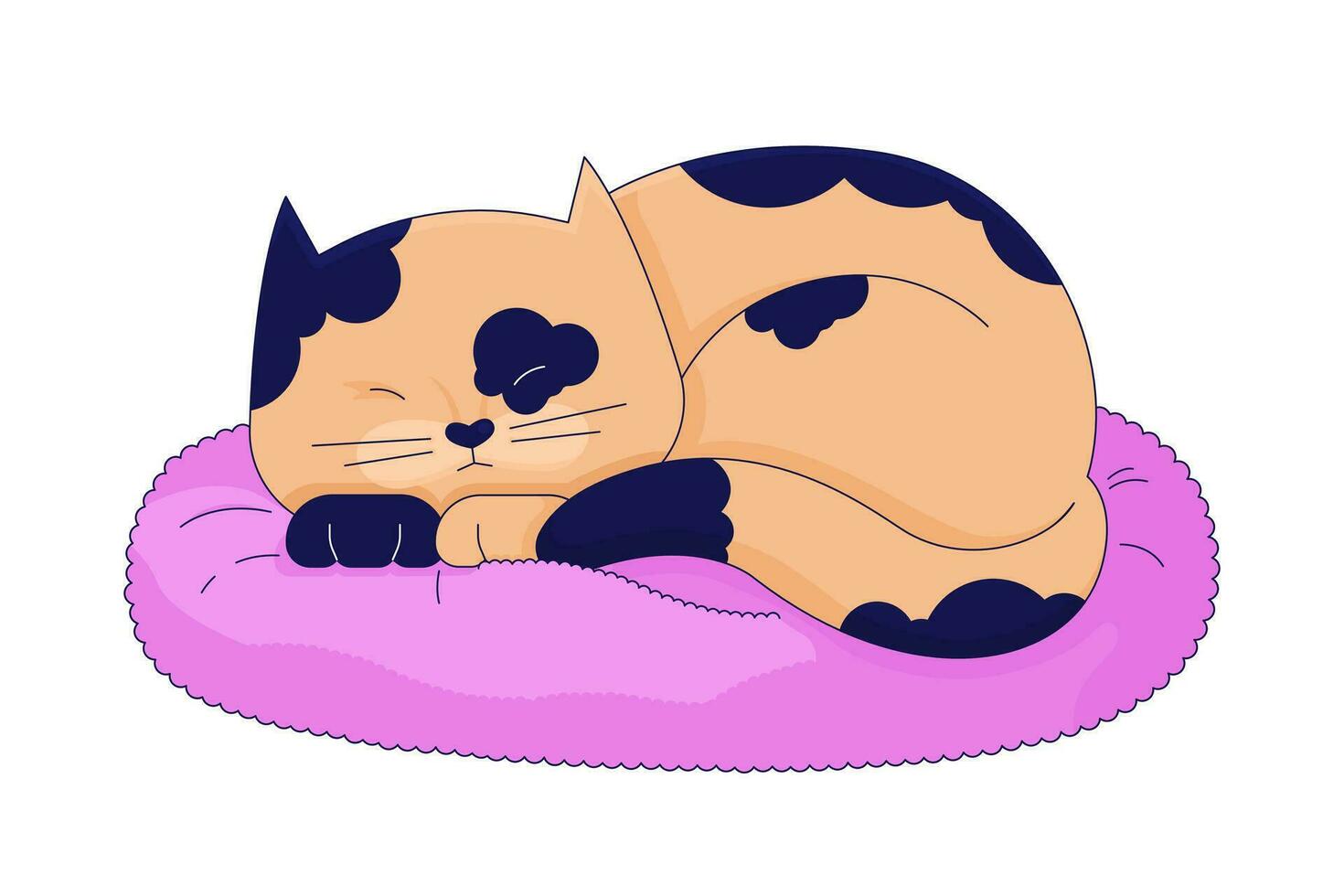 Lazy spotted cat sleeping on pillow 2D linear cartoon character. Cute kitten isolated line vector animal white background. Comfortable pet. Adorable kitty laying down color flat spot illustration