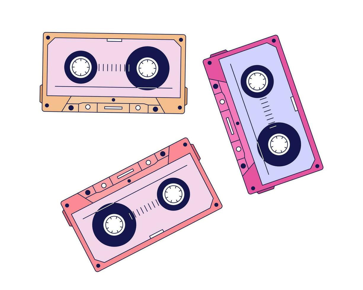 Old cassette tapes 2D linear cartoon object. Vintage audiotapes isolated line vector element white background. Retro audiocassette equipment. Plastic containers recording color flat spot illustration