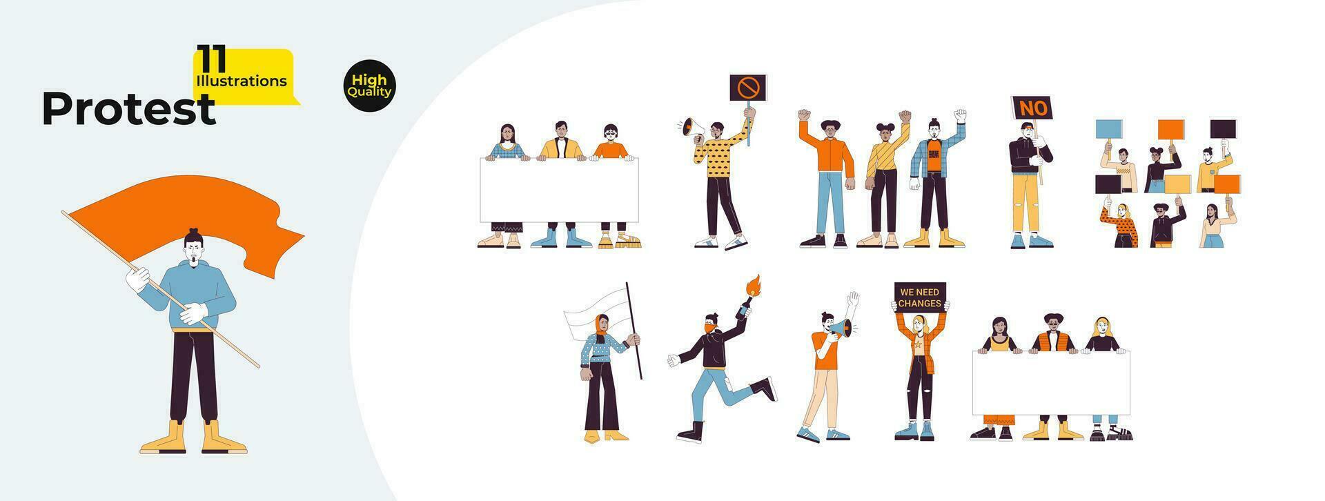 Protest demonstration line cartoon flat illustration bundle. Multicultural people protesting placards 2D lineart characters isolated on white background. Social justice vector color image collection