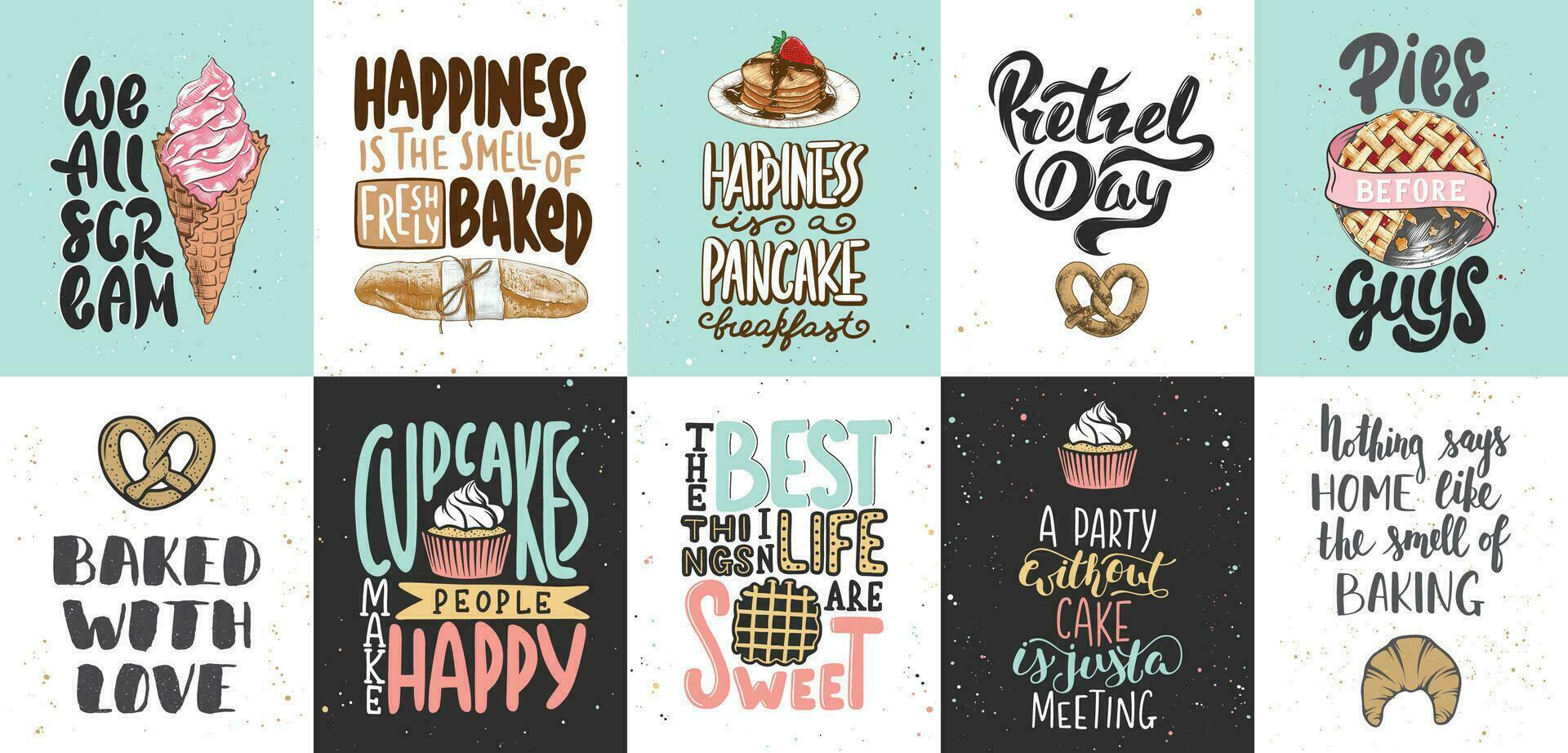 Set of bakery and sweet food, desserts lettering posters, greeting cards, decoration, prints. Hand drawn typography design elements. Handwritten lettering. Modern ink brush calligraphy. vector
