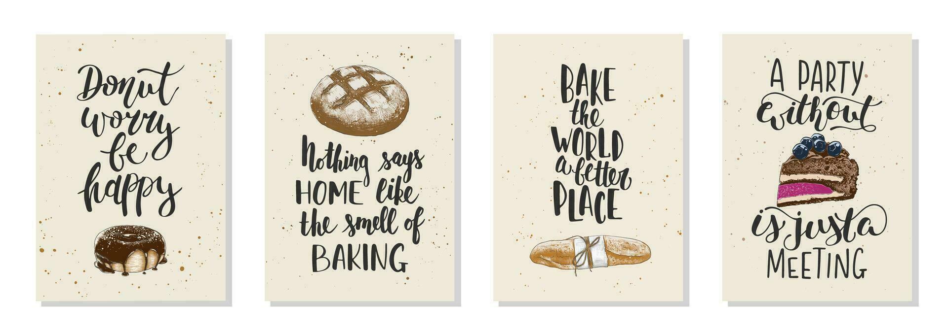 Set of 4 vector bakery posters with hand drawn unique funny lettering design element for kitchen decoration, prints and cafe wall art. Engraved sketch of donut or doughnut, baguette, bread, cake.