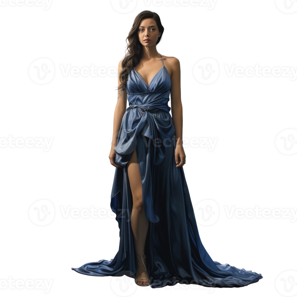 Girl in a beautiful blue long evening dress isolated png