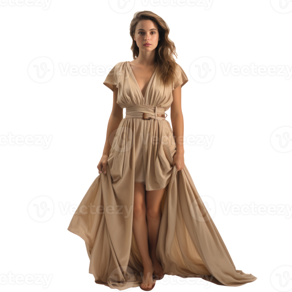 Girl in a beautiful white, beige long evening dress isolated png