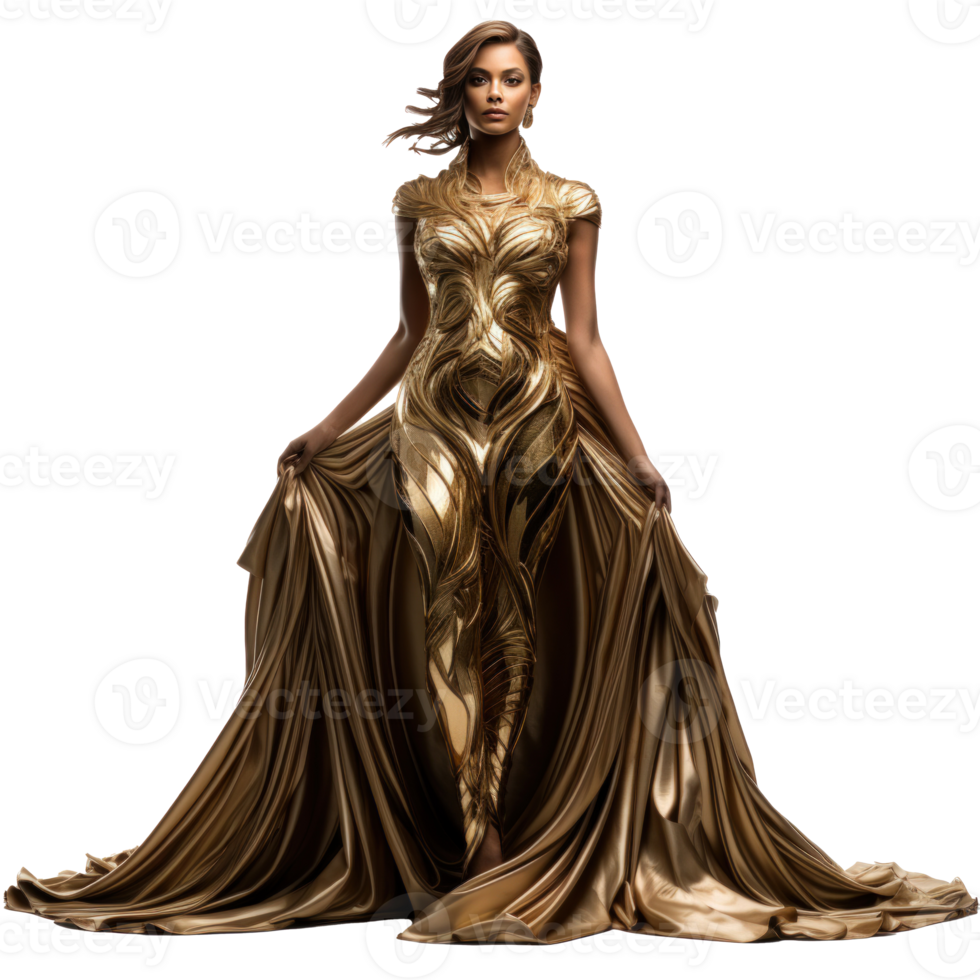 Mädchen im ein schön golden lange Abend Kleid isoliert png