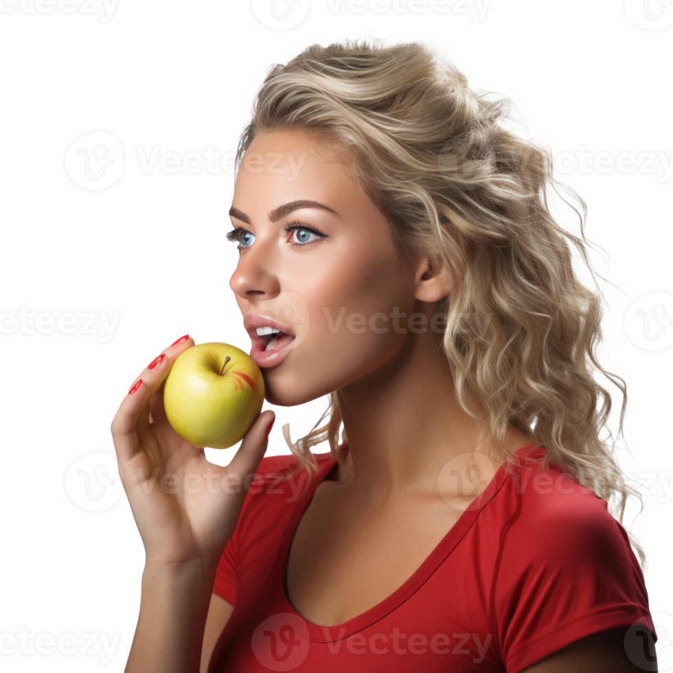 Young athletic girl eating an apple isolated png