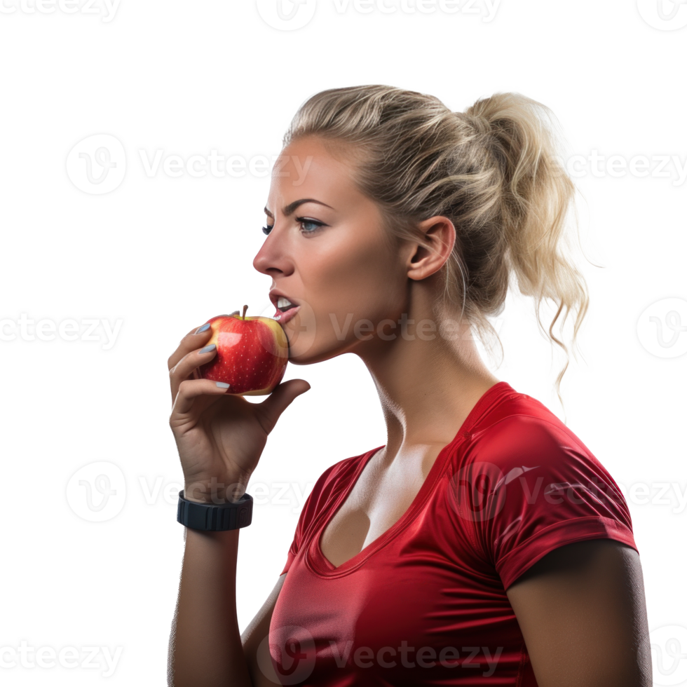 Young athletic girl eating an apple isolated png
