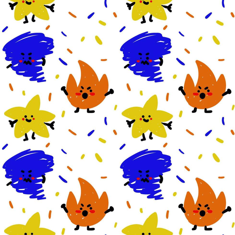 Random abstract emotional icons with seamless pattern. Fire, tornado, star with confetti on white. Vector background for postcards of web pages, greeting cards, invitations. For children's bedroom