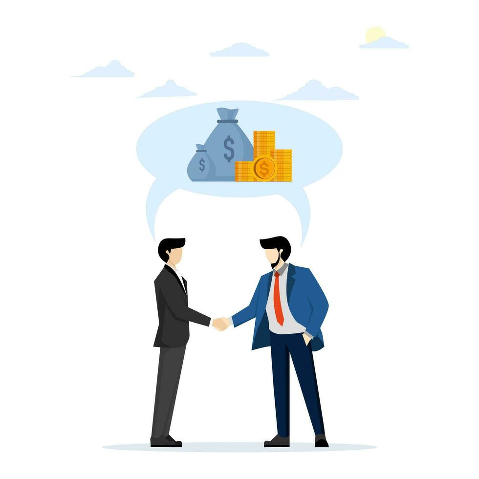 Teamwork for income and salary growth, increasing investment or savings, increasing currency value, cooperation for financial and economic stability, male handshake under speech bubble with wealth. vector