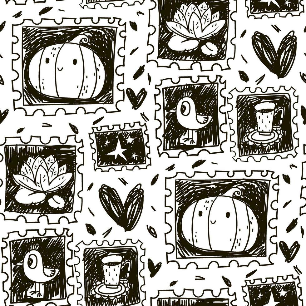 A pattern of stamp badges, a stamp in black and white. Halloween, autumn vector design. Seamless texture with hand-drawn stamps as a marker. Pumpkin, bird, cat, fly agaric in a dashed style. Sketch