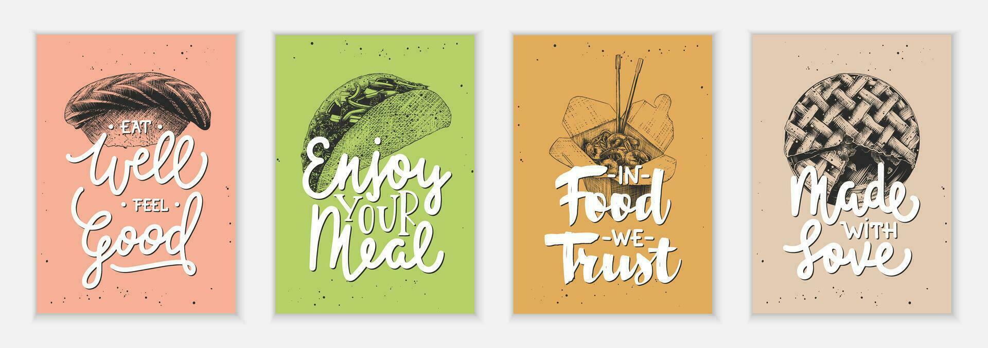 Set of 4 advertising and inspirational fast food and eating lettering posters, decoration, prints, t-shirt design. Hand drawn typography with sketches. Handwritten lettering. Mono line calligraphy. vector