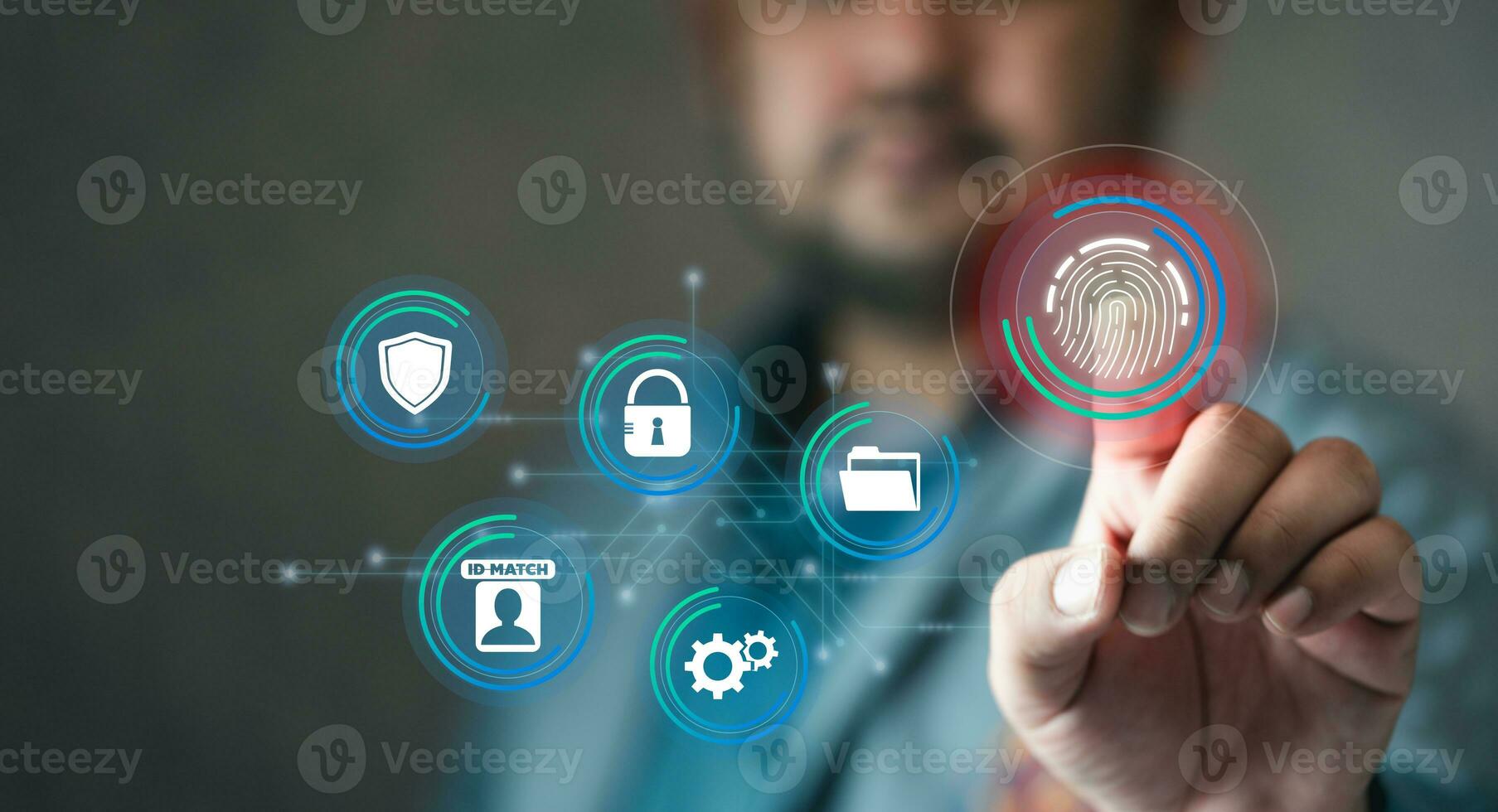 Adult men login with fingerprint scanning technology in the screen. Secure encryption and access to the user private information to access. photo