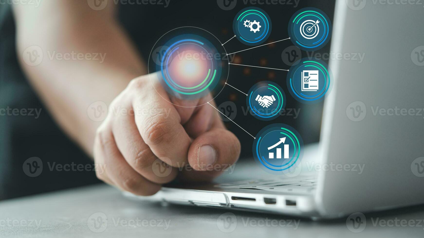 Businessman touching point of virtual to target in business. icons internet connection application digital network photo