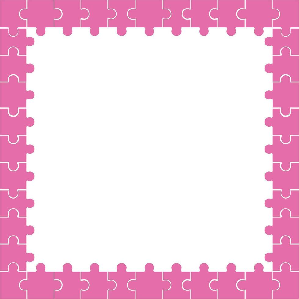 Puzzle background, banner, blank. Background with pink puzzle frame separate pieces, mosaic, details, tiles or parts. vector