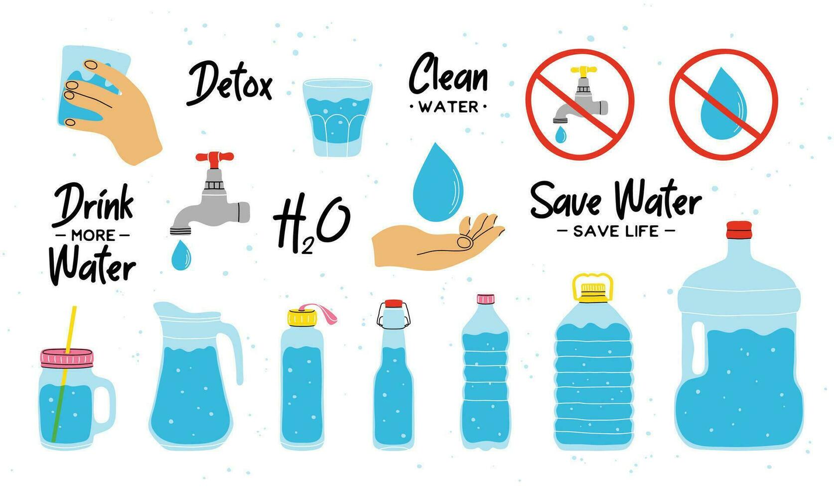 Water elements in modern style flat, line style with phrases. Hand drawn vector illustration bottles, glasses, drops, mug, flask, tap, hands, slogans. Fashion cute patch, badge, emblem. Save water.