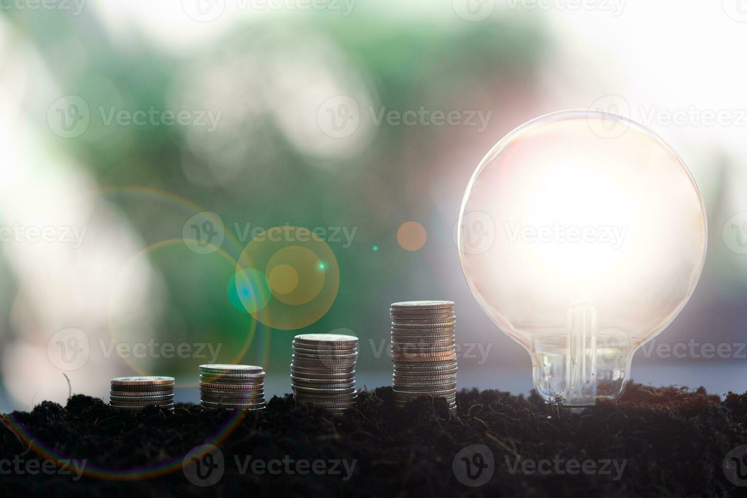 Coin of growing up and light bulb on the soil. Saving money and saving energy concept photo