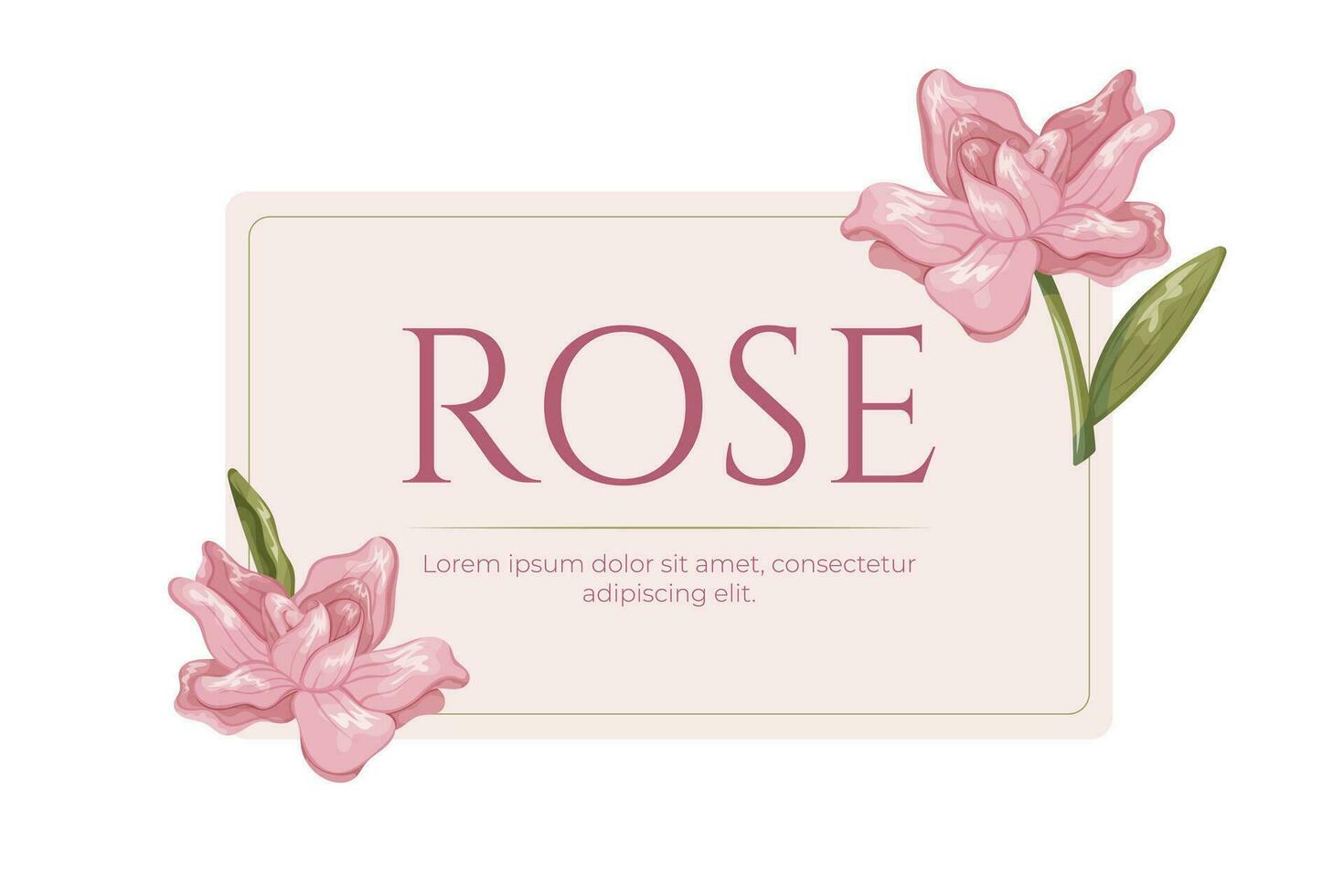 Decorative botanical label illustration. Floral arrangement, frame of pink cartoon rose flowers. Vector isolated Design element for packaging.