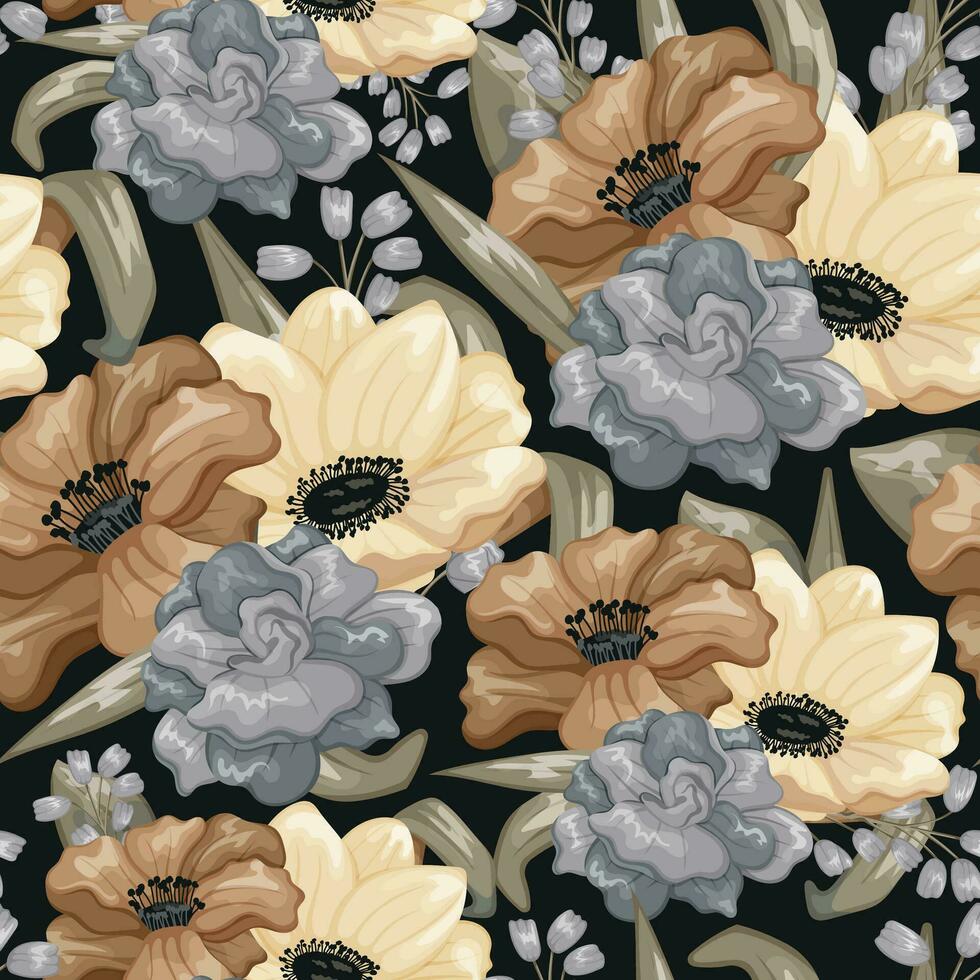 Beautiful blooming buds of roses, anemones and lupins. Vector seamless pattern, cartoon bouquet of flowers with green leaves. Decorative flower arrangement.