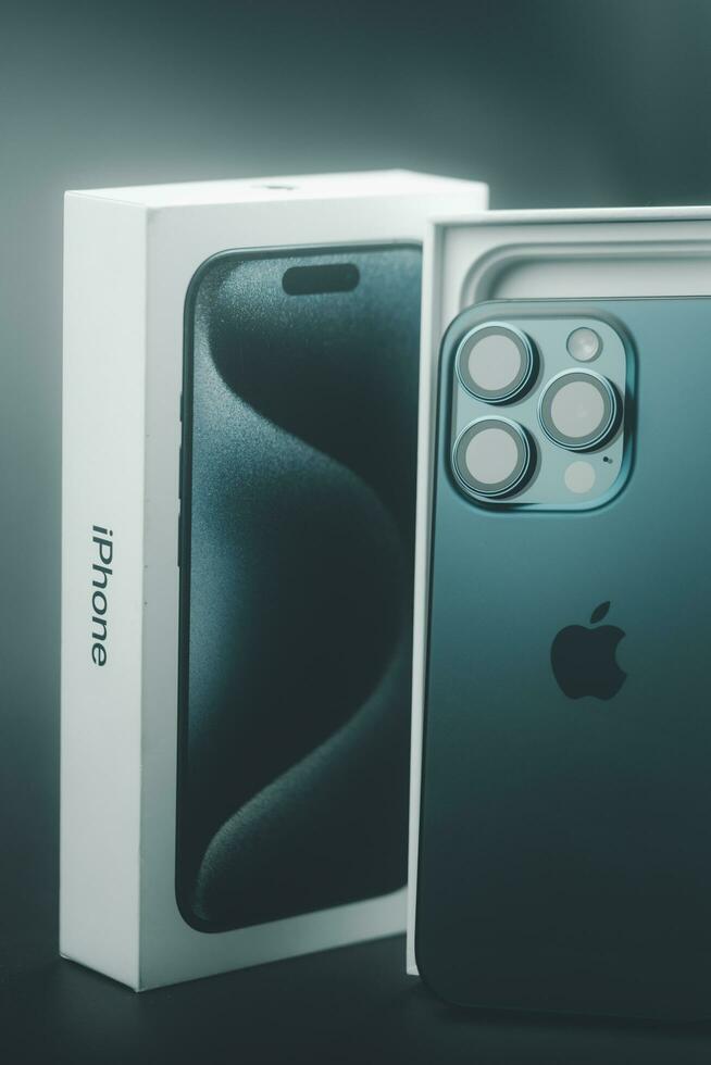 Bangkok, Thailand - October 17, 2023 The latest iPhone 15 Pro Blue titanium. A tech smartphone modern design photo