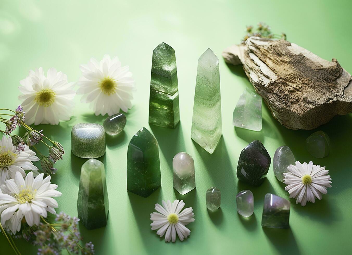 Crystal towers minerals set and white flowers on green abstract background. Generative AI photo