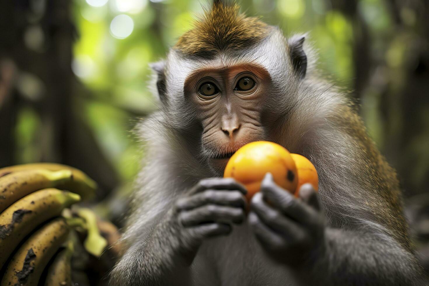 Close up of monkey eating fruit in the jungle. Generative AI photo