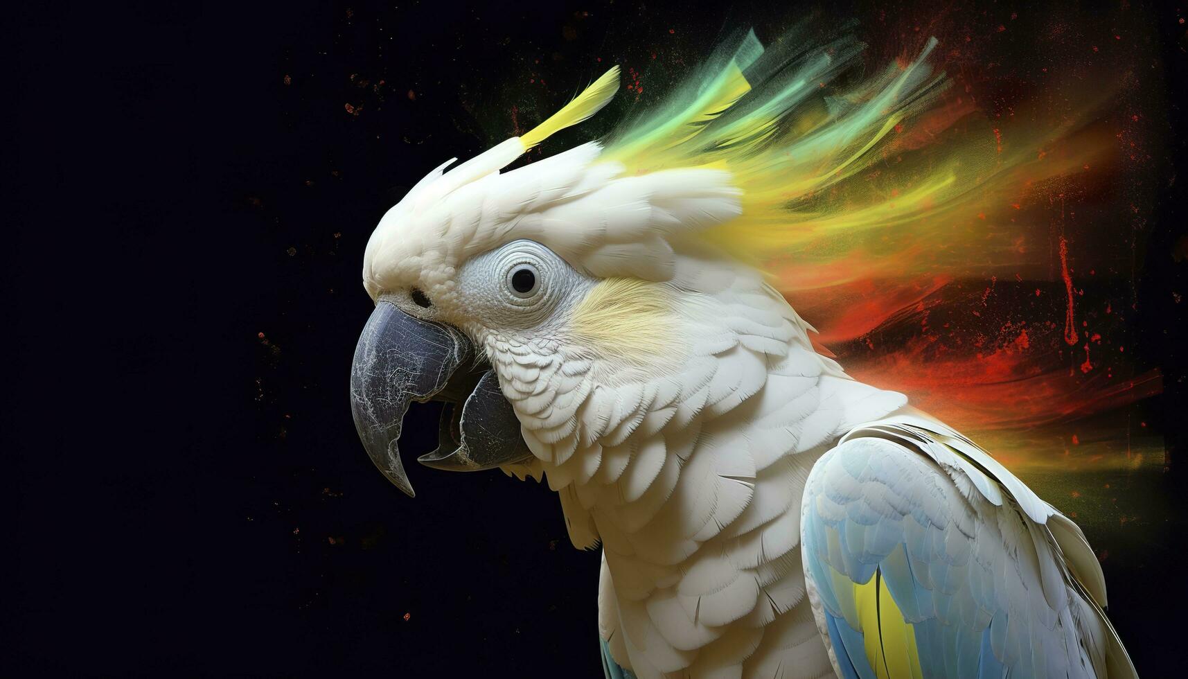 Digital photo manipulation of a white parrot. Generative AI