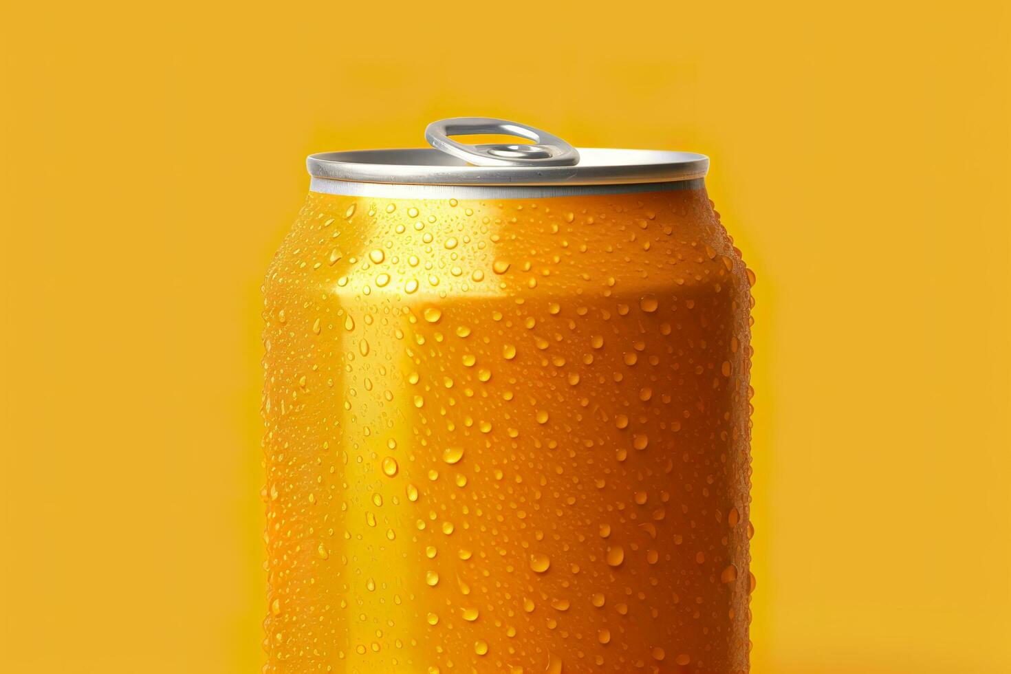 Can of fresh soda with water drops on orange background, closeup. Generative AI photo