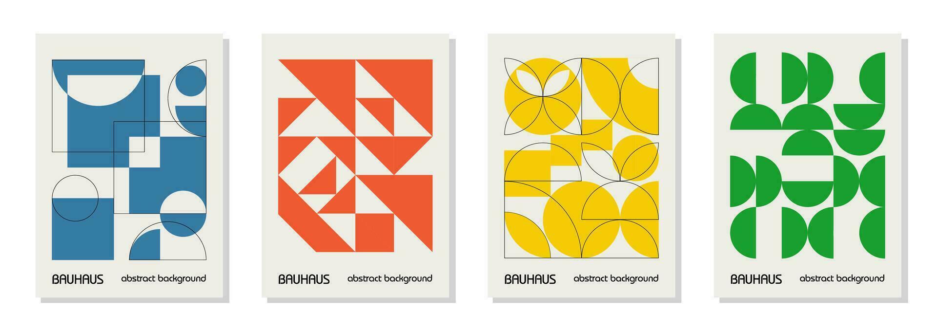 Set of 4 minimal vintage 20s geometric design posters, wall art, template, layout with primitive shapes elements. Bauhaus retro pattern background, vector abstract circle, triangle and square line art