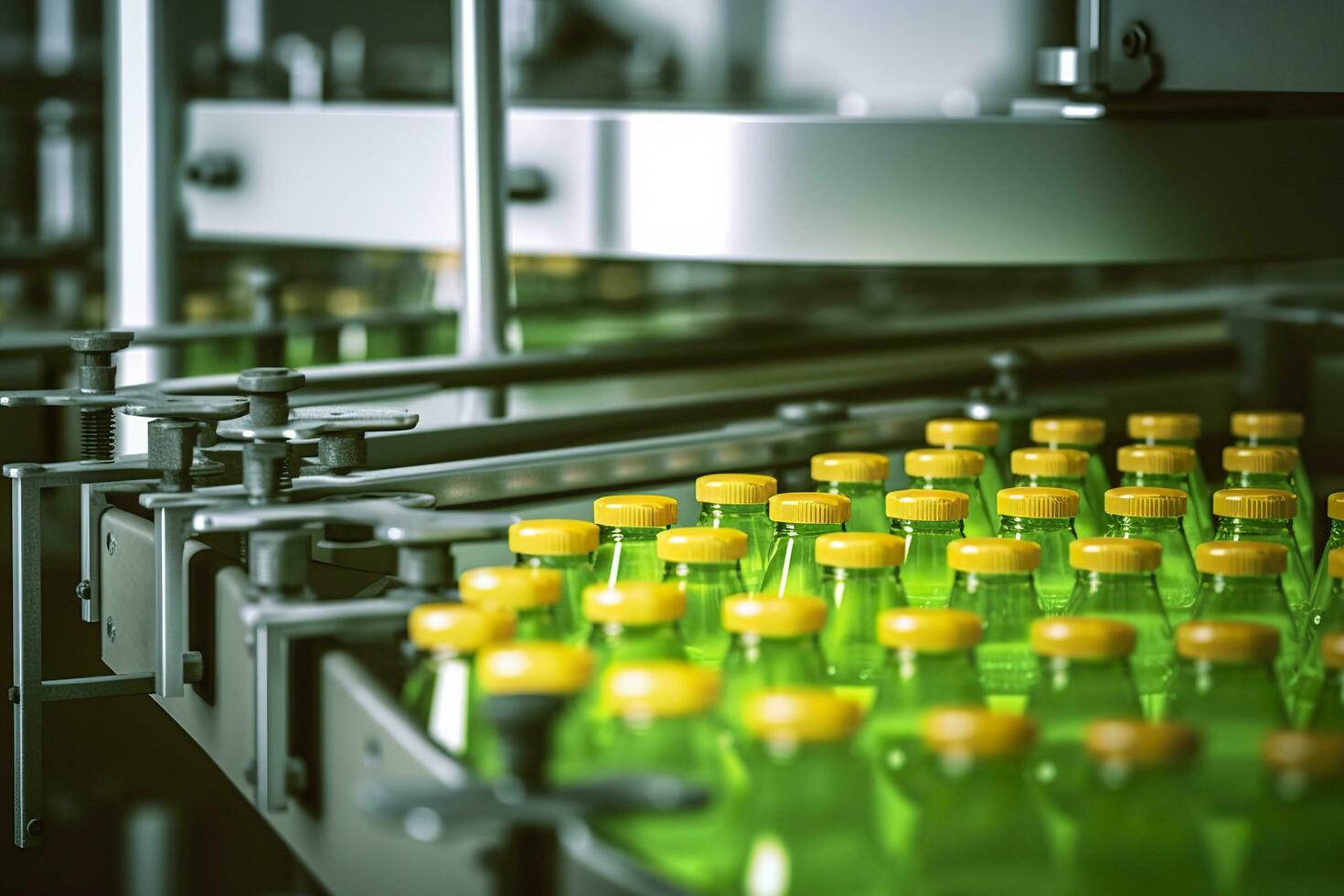 Conveyor belt, Beverage factory of fruit juice product for processing and bottling. AI Generative photo