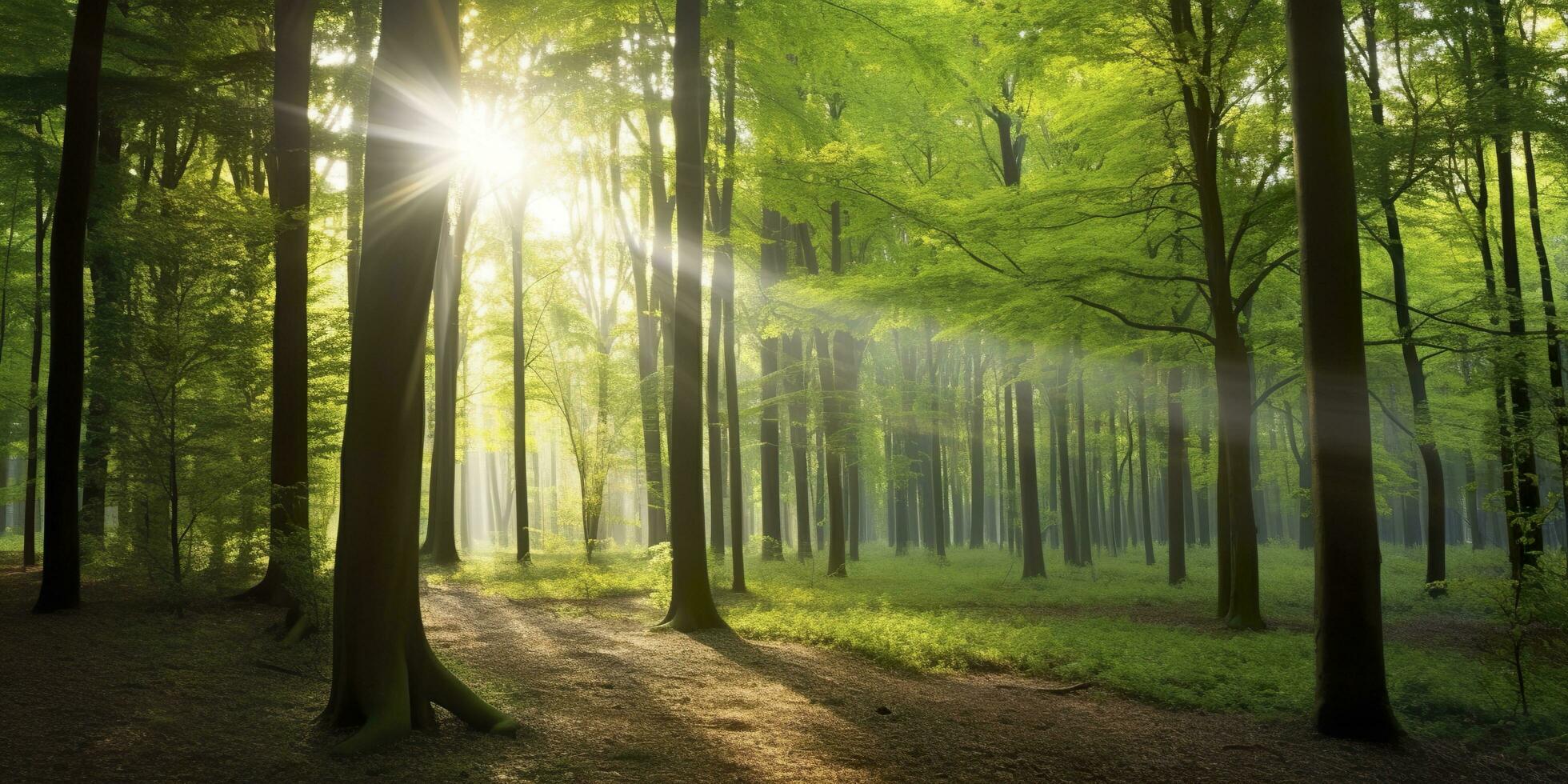 Beautiful rays of sunlight in a green forest. Generative AI photo