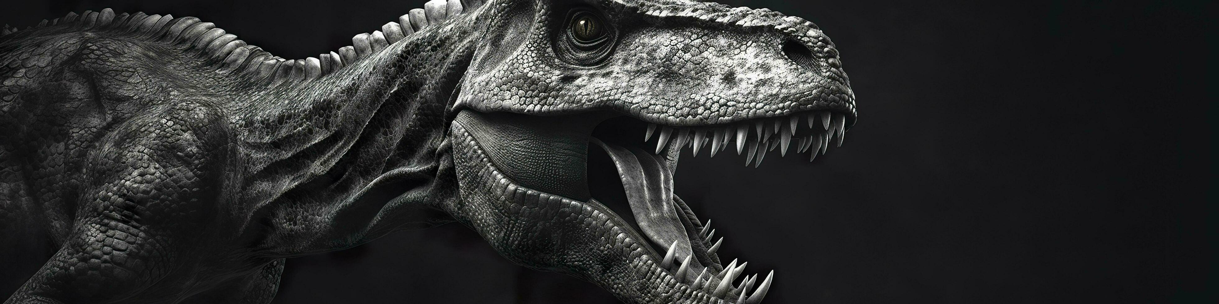 negro y blanco fotorrealista estudio retrato de un tiranosaurio rex en negro antecedentes. generativo ai foto