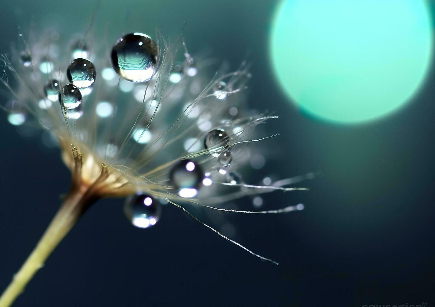 Beautiful dew drops on a dandelion seed macro. Beautiful blue background. Generative AI photo