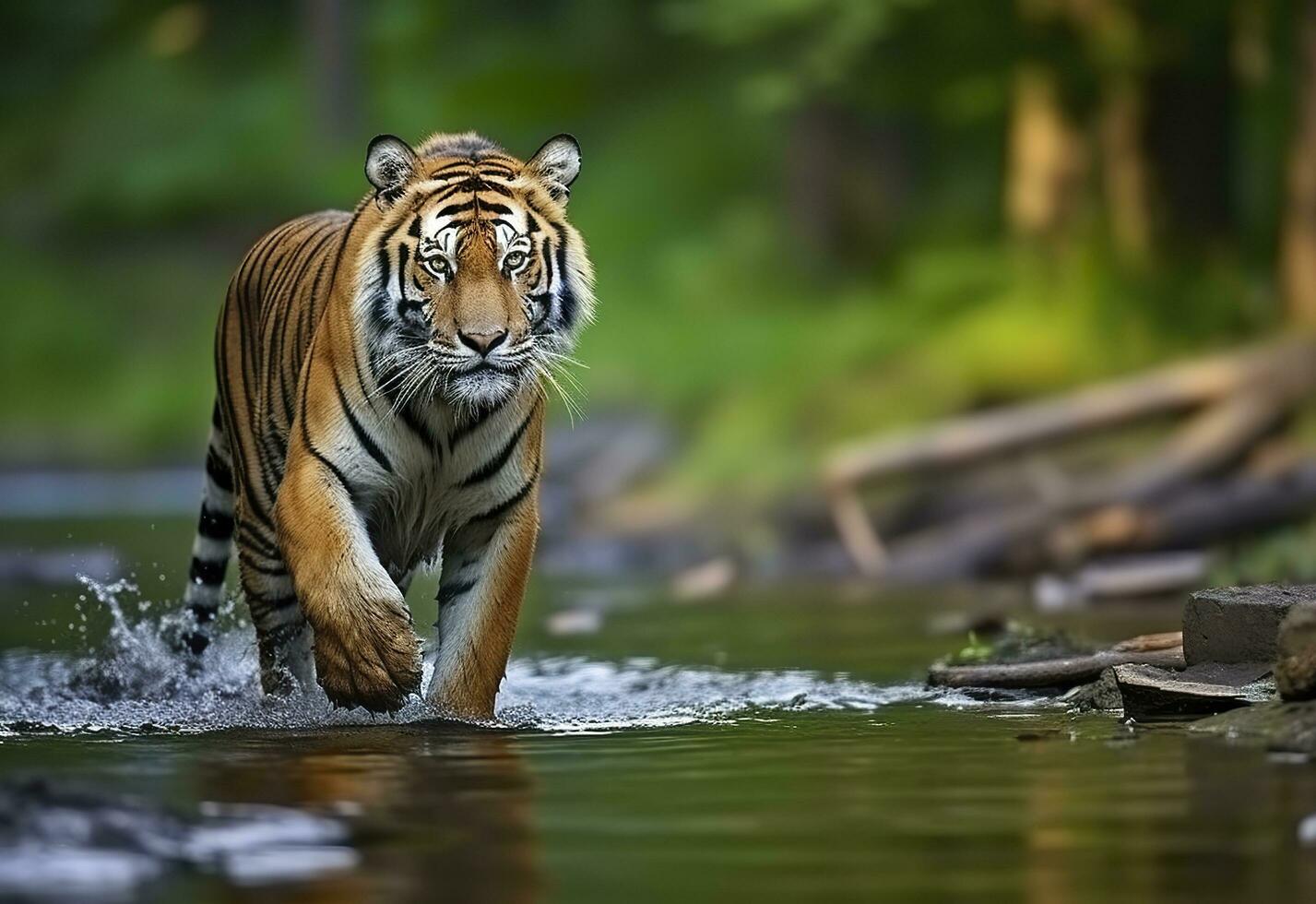 Amur tiger walking in the water. Dangerous animal.  Animal in a green forest stream. Generative AI photo