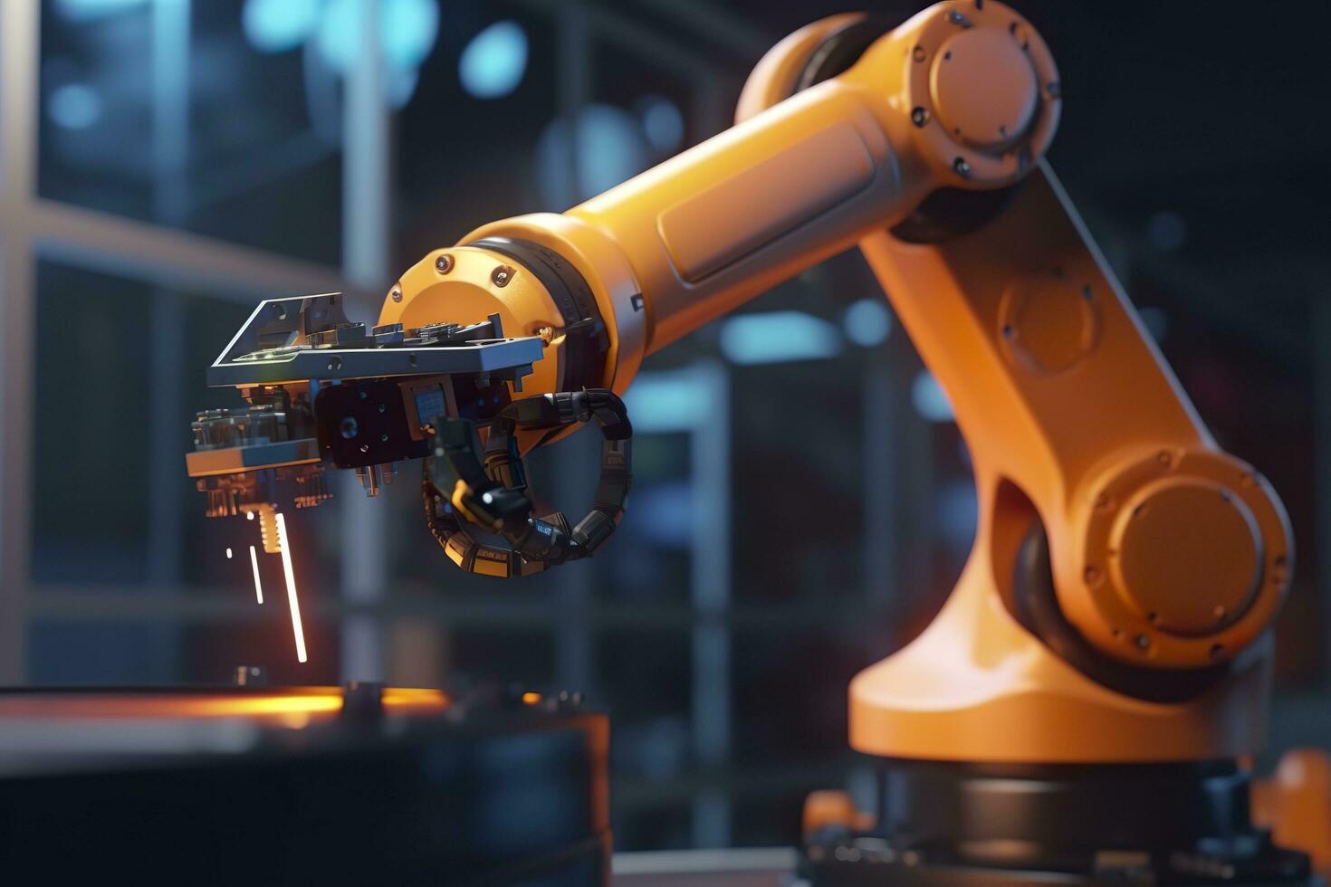 Arm robot working with Screen monitor control industrial machine robot arm line. Generative AI photo