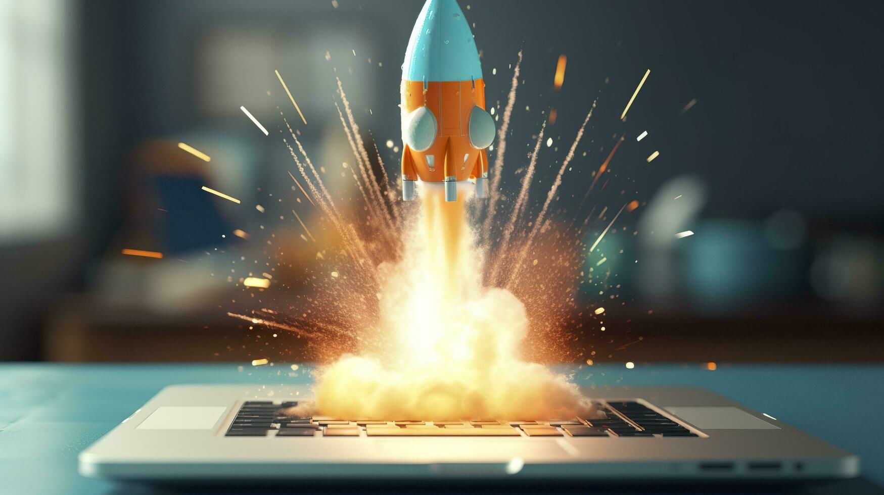 A small rocket takes off from a Laptop with vibrant color combinations in light sky blue and light gray colors for a website, business, and financial success concepts.  AI Generative photo